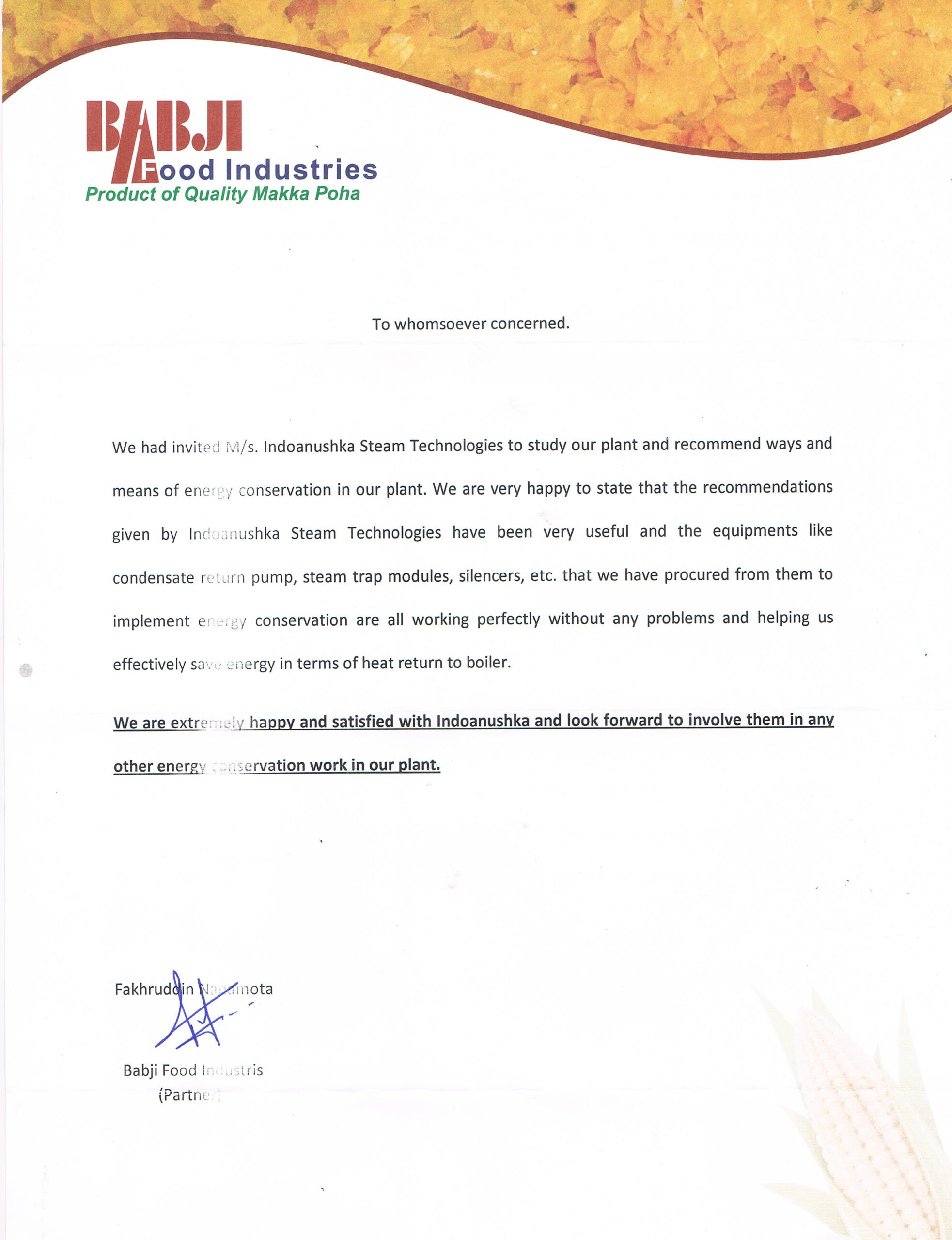 Balaji Food Industries — letter to Indo Anushka