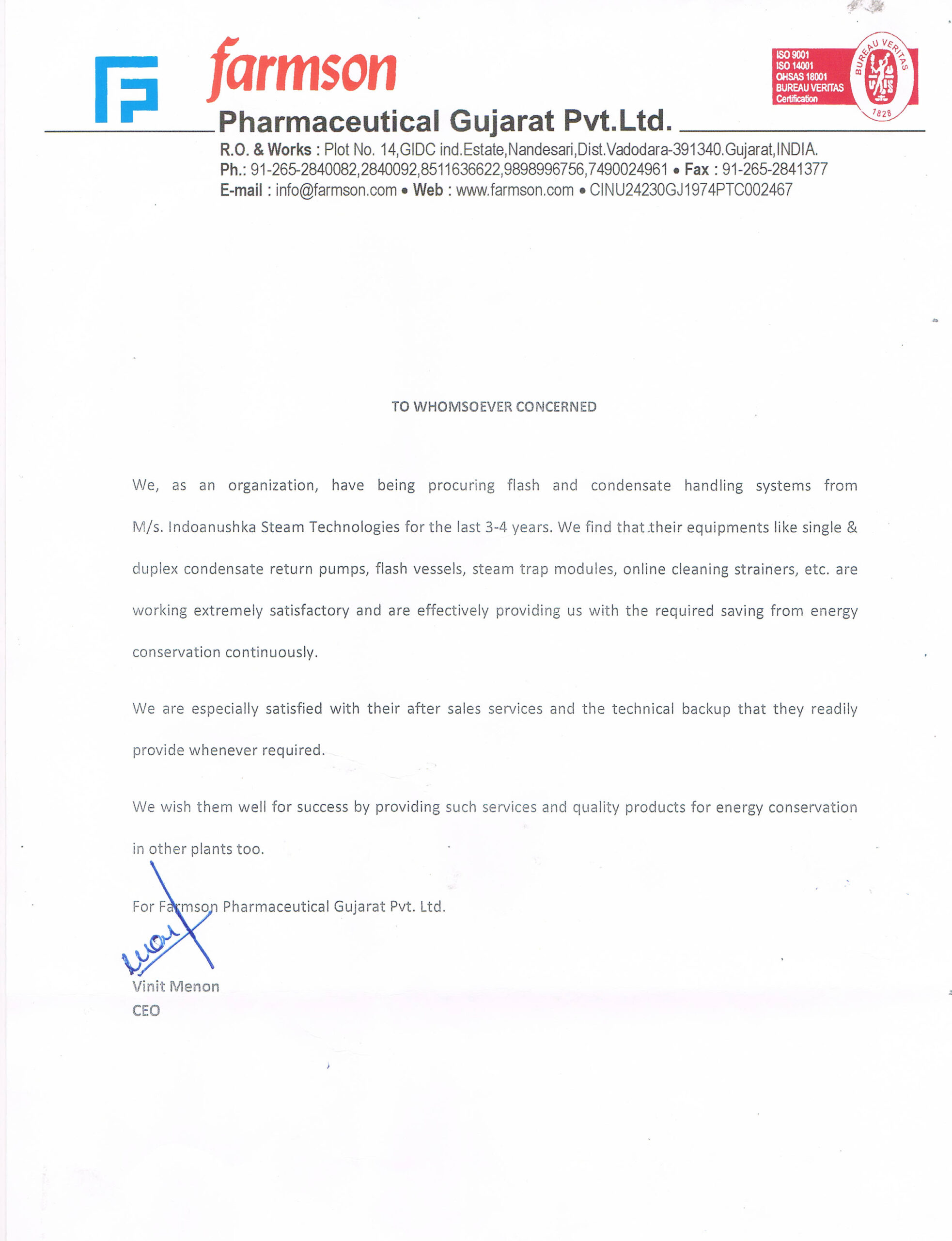 Farmson Pharmaceutical Gujarat Pvt. Ltd. — letter to Indo Anushka