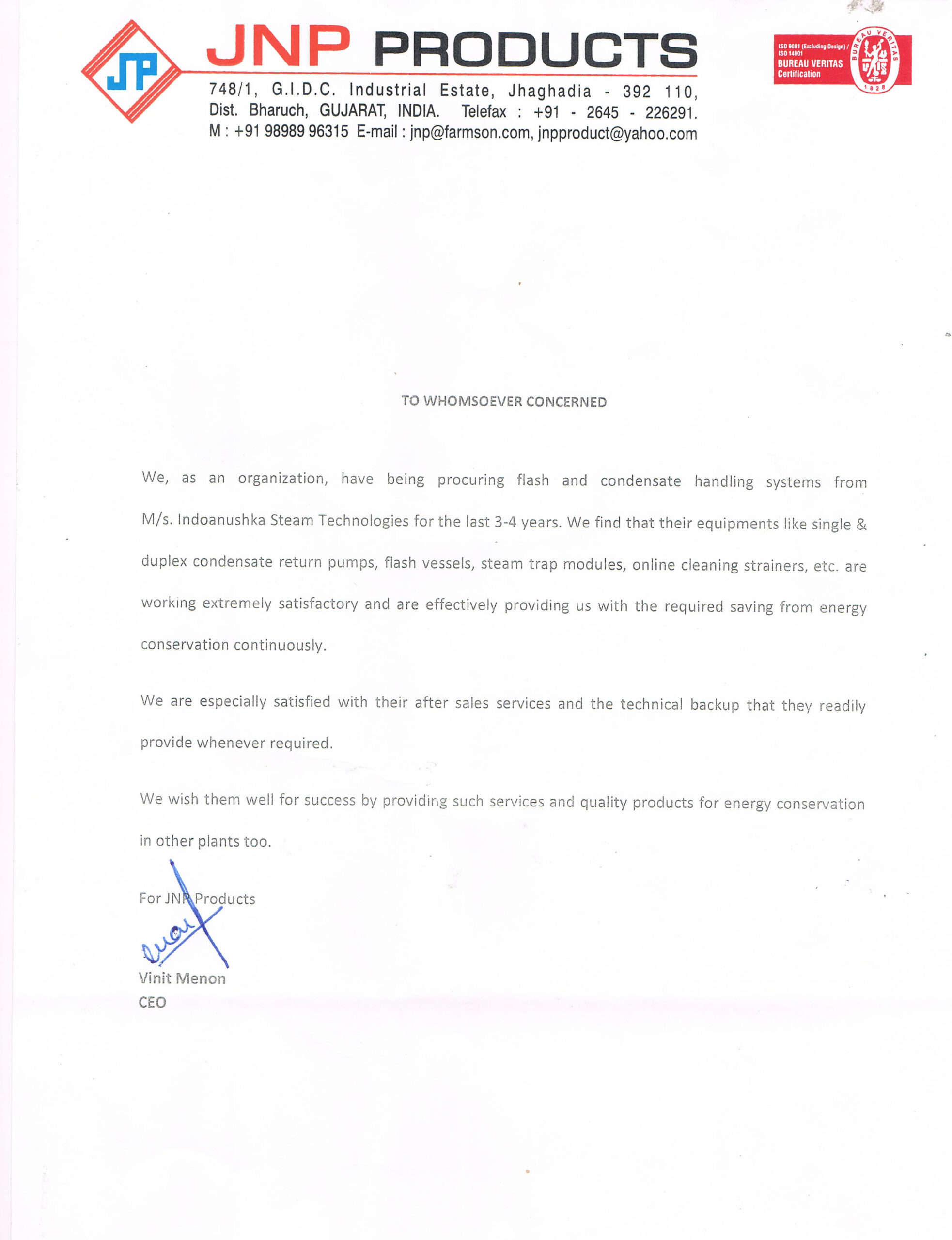 JNP Products — letter to Indo Anushka