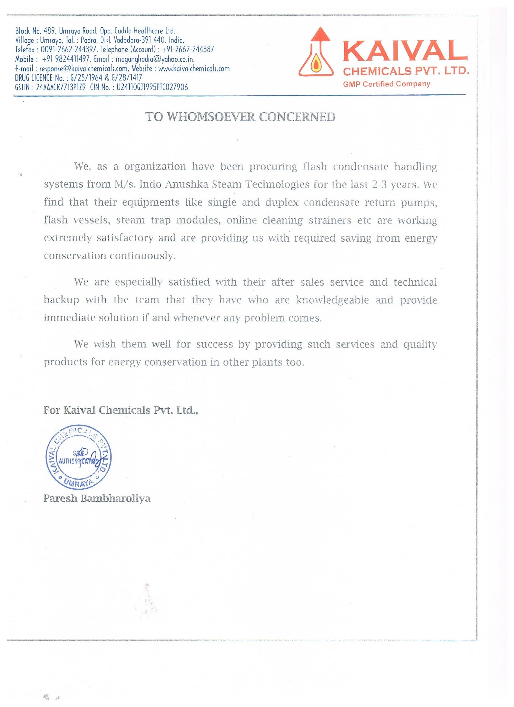 Kaival Chemicals Pvt. Ltd. — letter to Indo Anushka