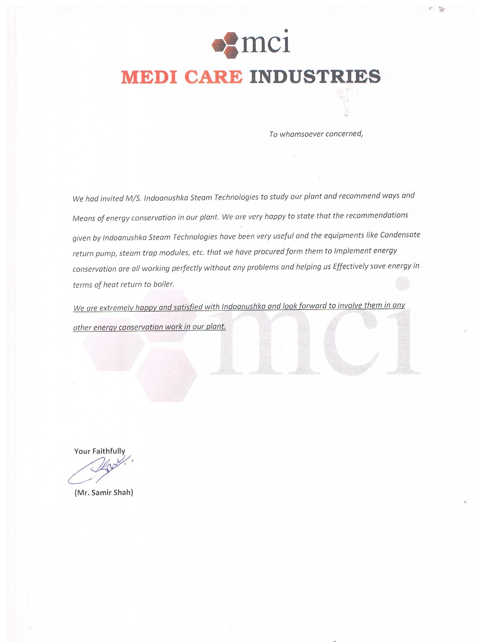 Medi Care Industries — letter to Indo Anushka
