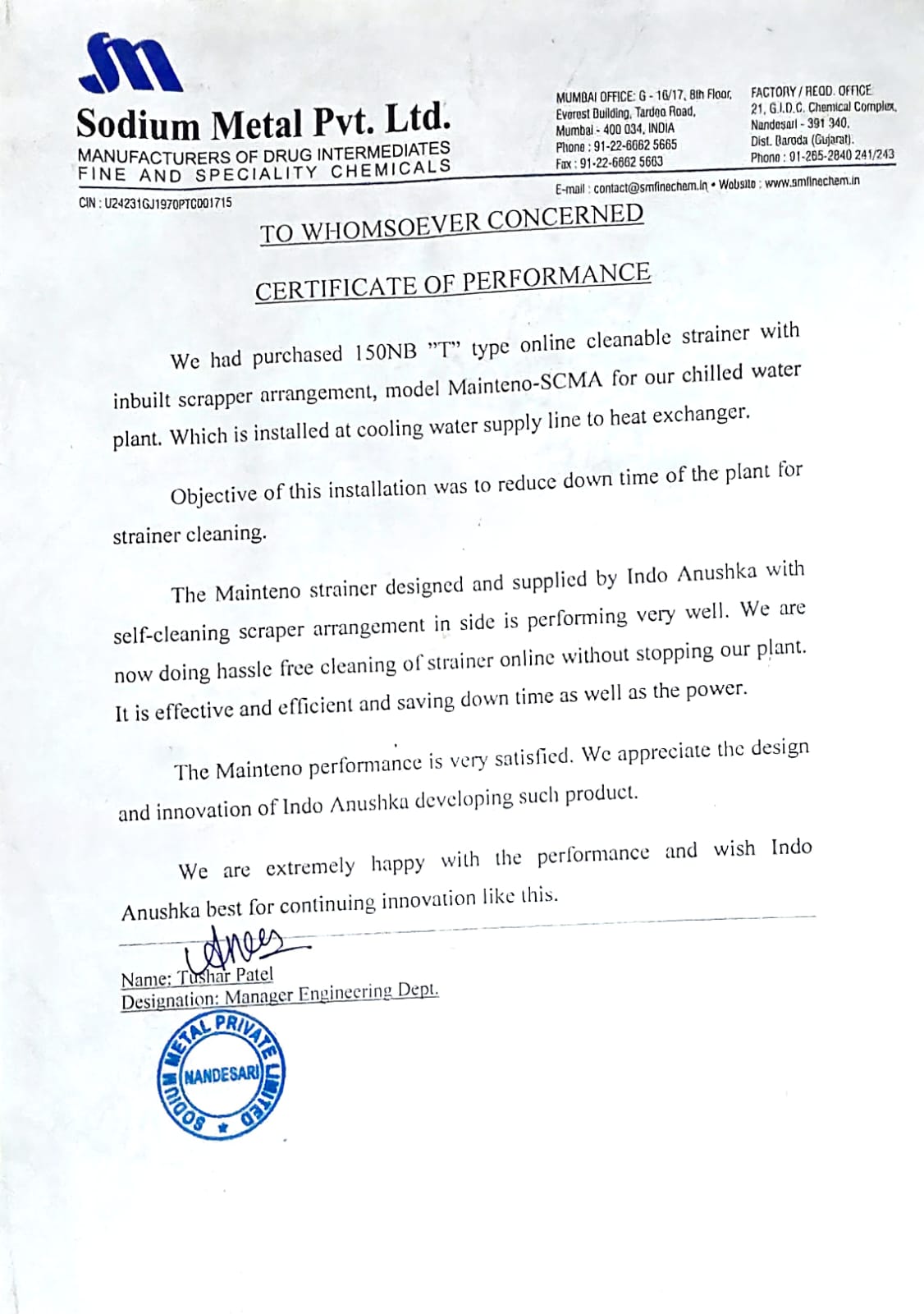 Sodium Metal Pvt. Ltd. — letter to Indo Anushka